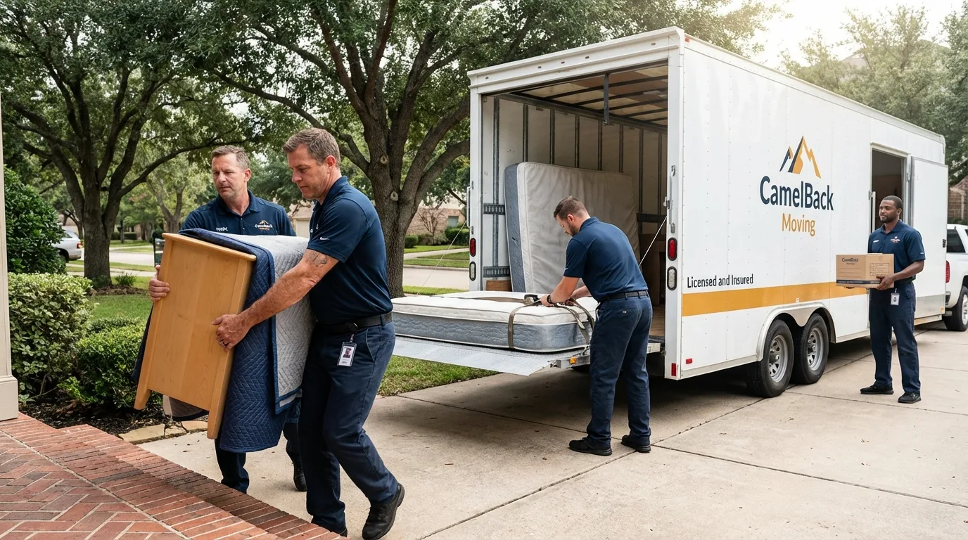 Crew loading residential truck for cross-state move from Carlsbad, CA