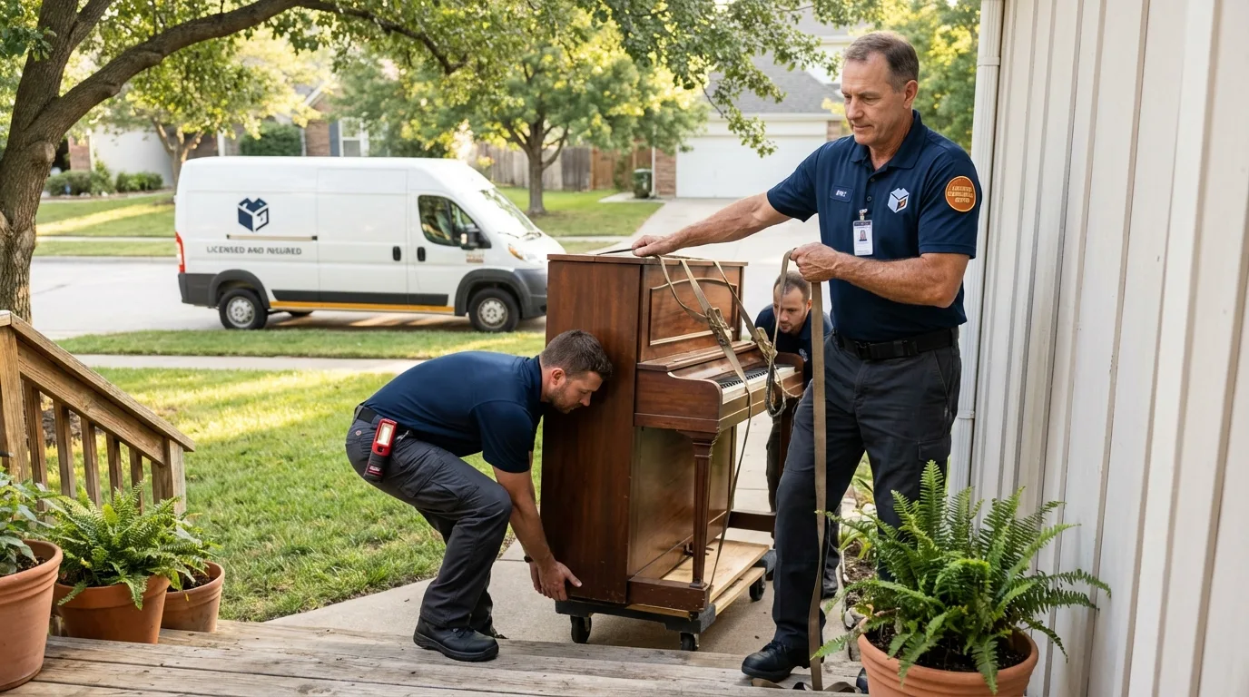 Licensed piano movers securing grand piano in Carlsbad, CA