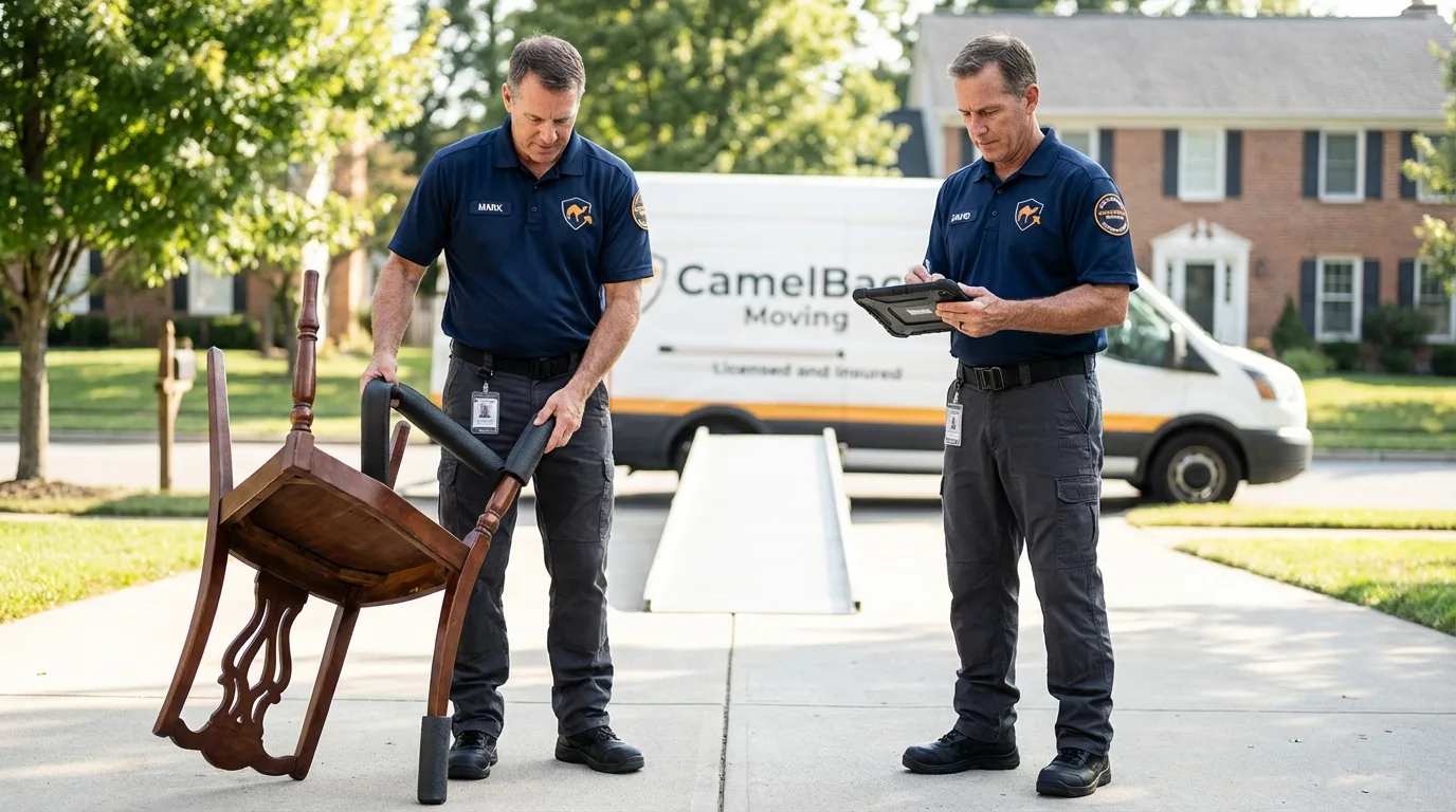 Movers inspecting furniture for damage prevention before loading in Carlsbad, CA